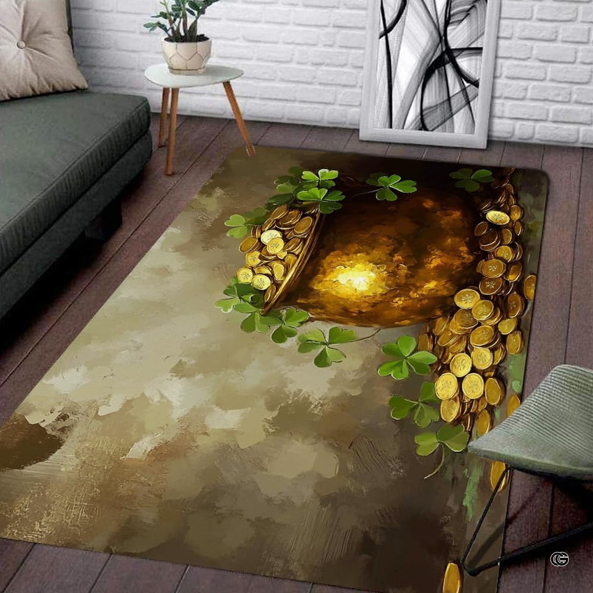 Dimensions and sizing chart for Irish pot of gold shamrocks living room area rug