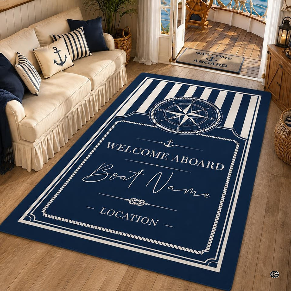 Navy nautical rug with compass rose, anchors and white borders