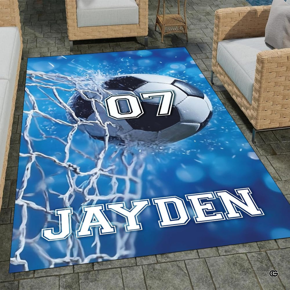 Soccer ball hitting white goal net on blue bokeh background rectangular area rug.