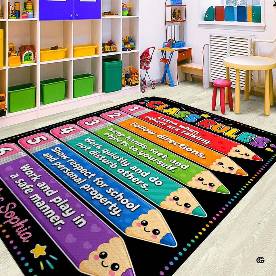 Kids school carpet styled in a learning room with rainbow pencil illustrations and colorful dotted border.