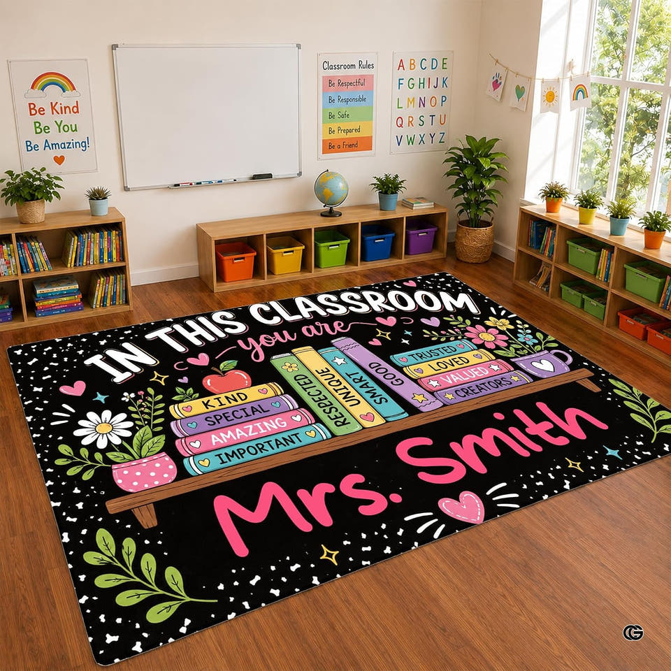Black classroom area rug showcasing colorful illustrated books on a shelf with flowers.
