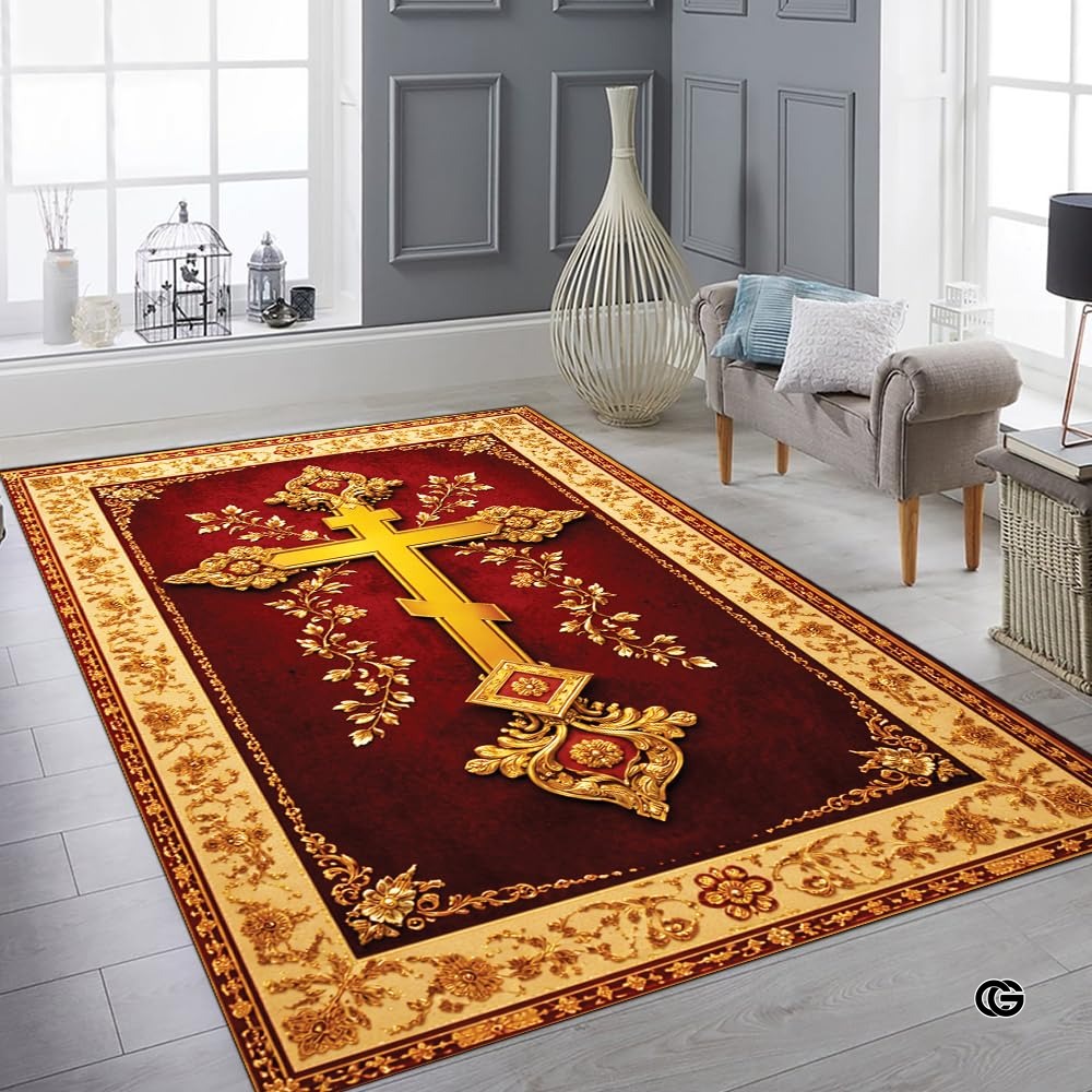 Personalized Orthodox Christian Area Rug, Custom Eastern Orthodox Russian Greek Byzantine Non-Slip Rug for Women Men, IC XC Nika Cross Mat for Living Room, Bedroom, Church Decor (D10)