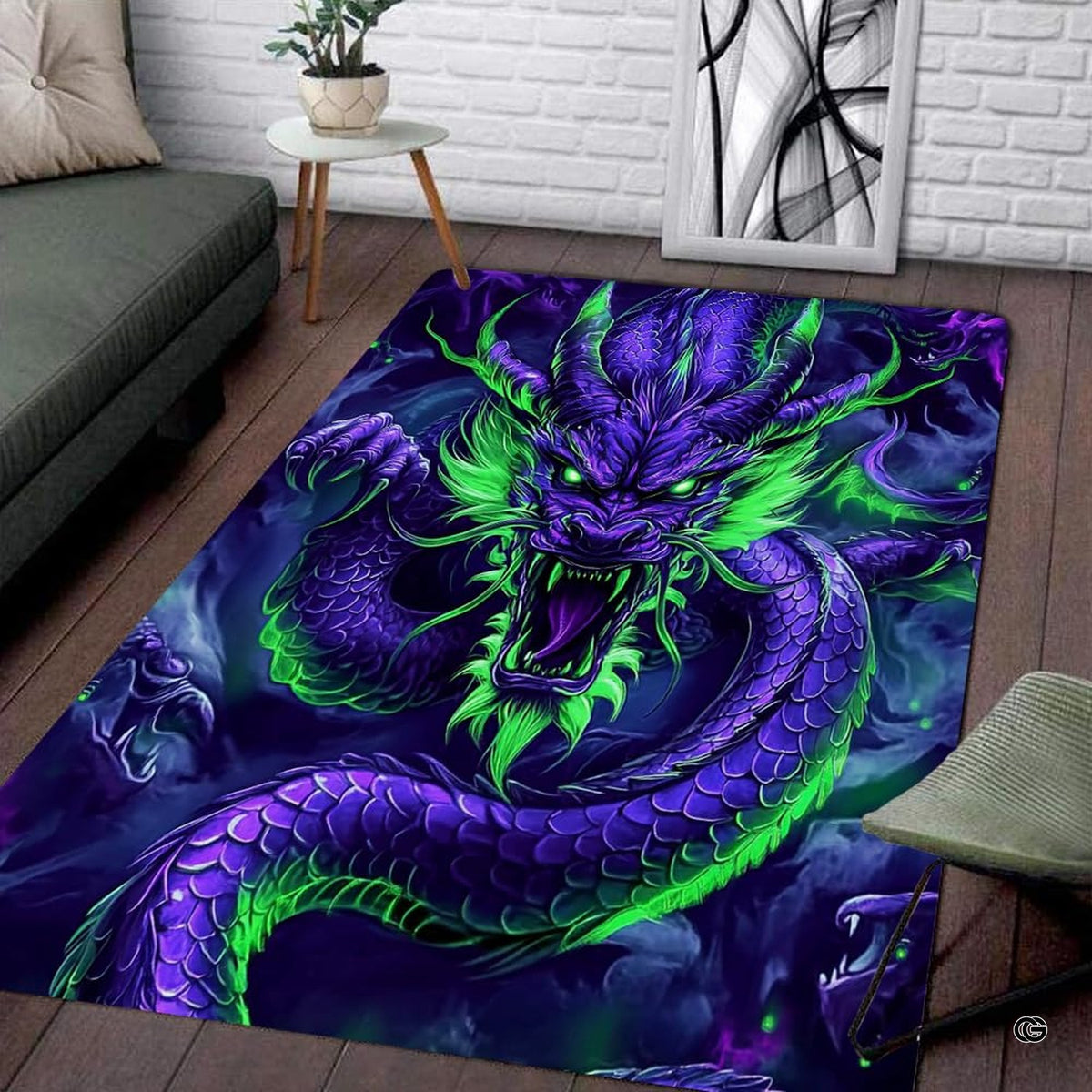 Detailed view of mythical serpent scales, sharp claws, and lime green whiskers on a purple rug.