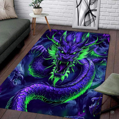 Detailed view of mythical serpent scales, sharp claws, and lime green whiskers on a purple rug. - thumbnail image 2 of 8