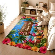 Personalized Tropical Beach Rug, Custom Family Name Tropical Outdoor Rug, Flamingo Surfboard Ocean Area Rug for Living Room, Patio, Beach House Decor, Design 02