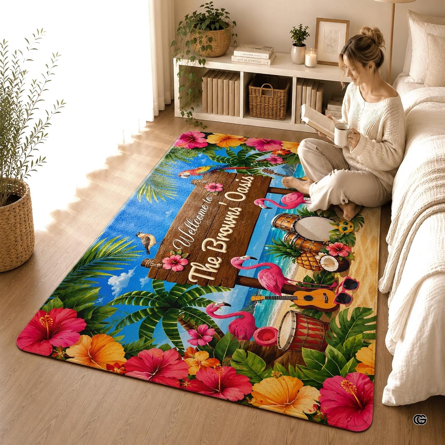 Personalized Tropical Beach Rug, Custom Family Name Tropical Outdoor Rug, Flamingo Surfboard Ocean Area Rug for Living Room, Patio, Beach House Decor, Design 02