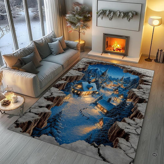 Snowy canyon chasm winter village rectangular area rug in top overhead perspective