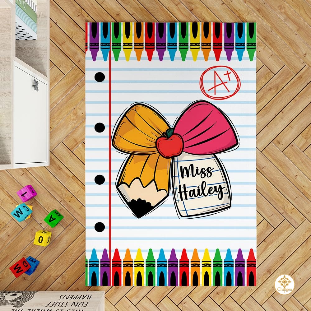 Custom Composition Notebook Classroom Rug for Kids - Pencil Bow / 2' x 3' (Rectangular)