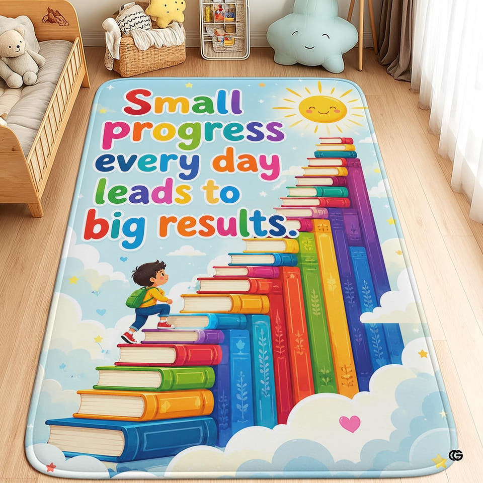 Classroom area rug with boy climbing rainbow book stairs toward smiling sunshine.