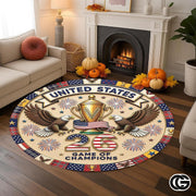 Custom Soccer Round Rug with Trophy and Flag Details