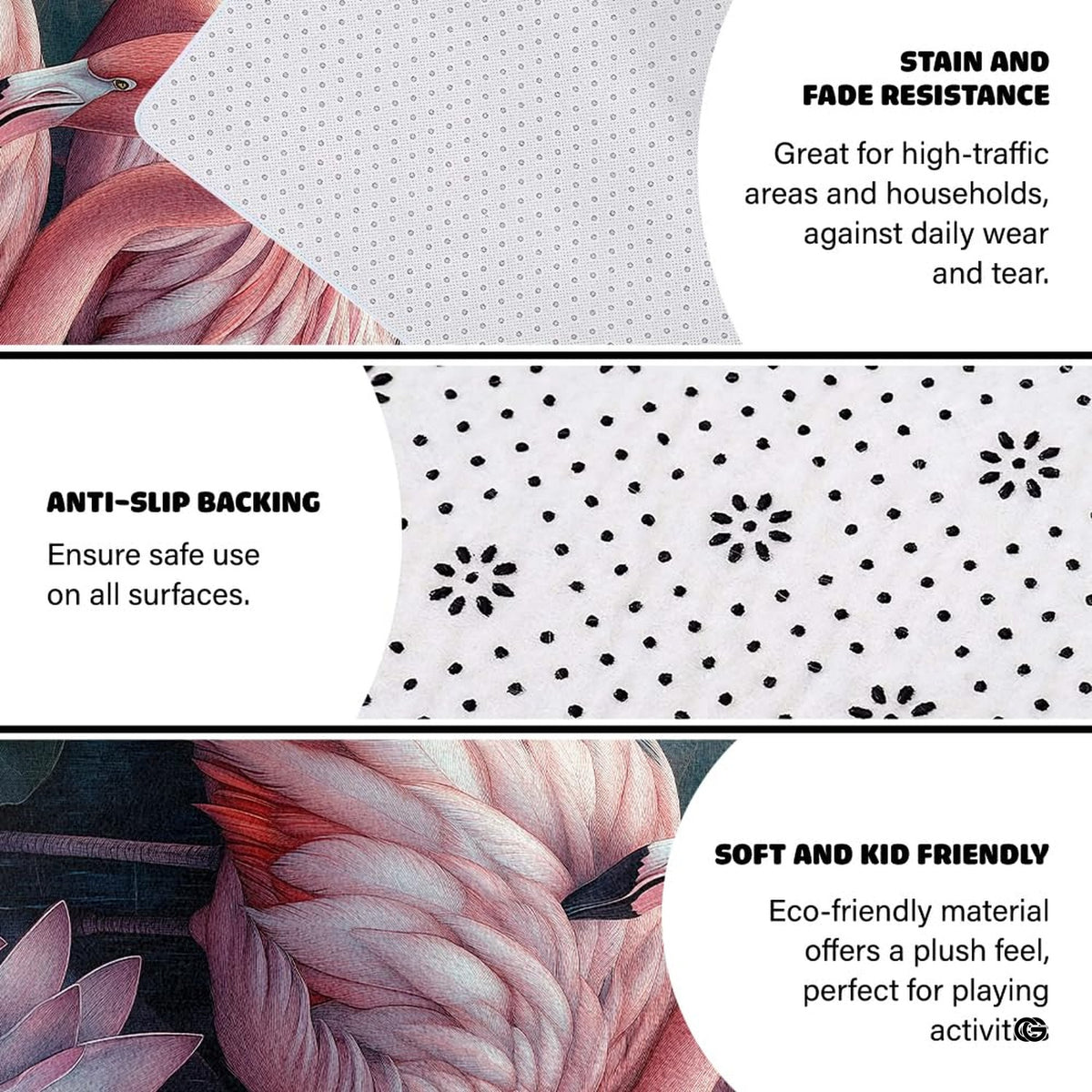 Bright modern interior decor setup featuring the tropical flamingo lotus flower floor carpet