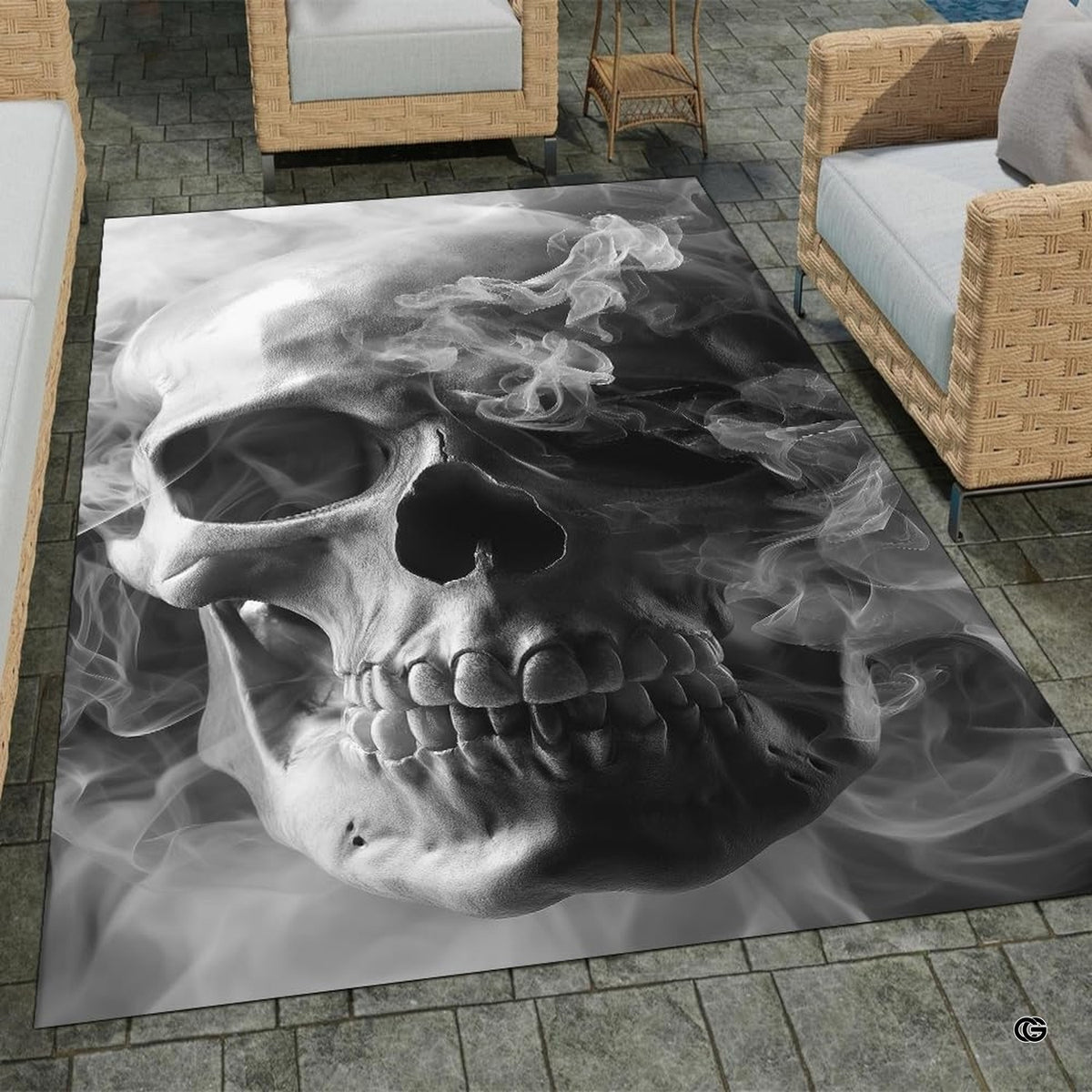 Patio setting with wicker seating displaying the dark smoky skull area rug - image 8 of 8