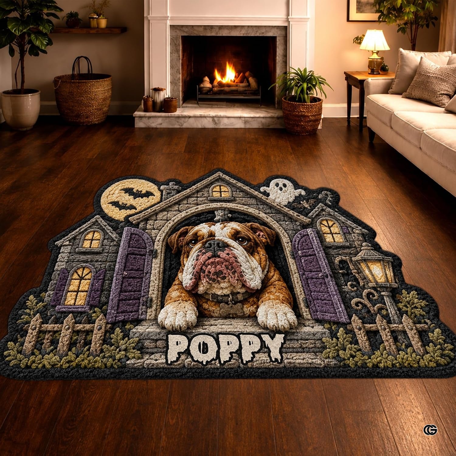 Custom Dog Photo Rug, Personalized Pet Portrait Area Mat Non Slip Indoor Door Rug for Dog Lovers, Welcome Home Decor Halloween (Haunted House)