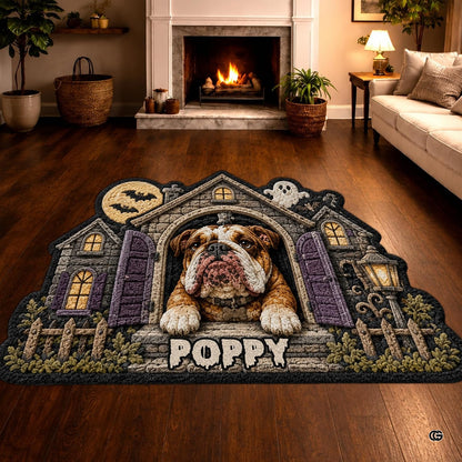 Custom Dog Photo Rug, Personalized Pet Portrait Area Mat Non Slip Indoor Door Rug for Dog Lovers, Welcome Home Decor Halloween (Haunted House)