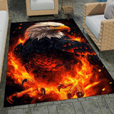 Fiery bald eagle rising from blazing inferno flames rectangular area rug.
