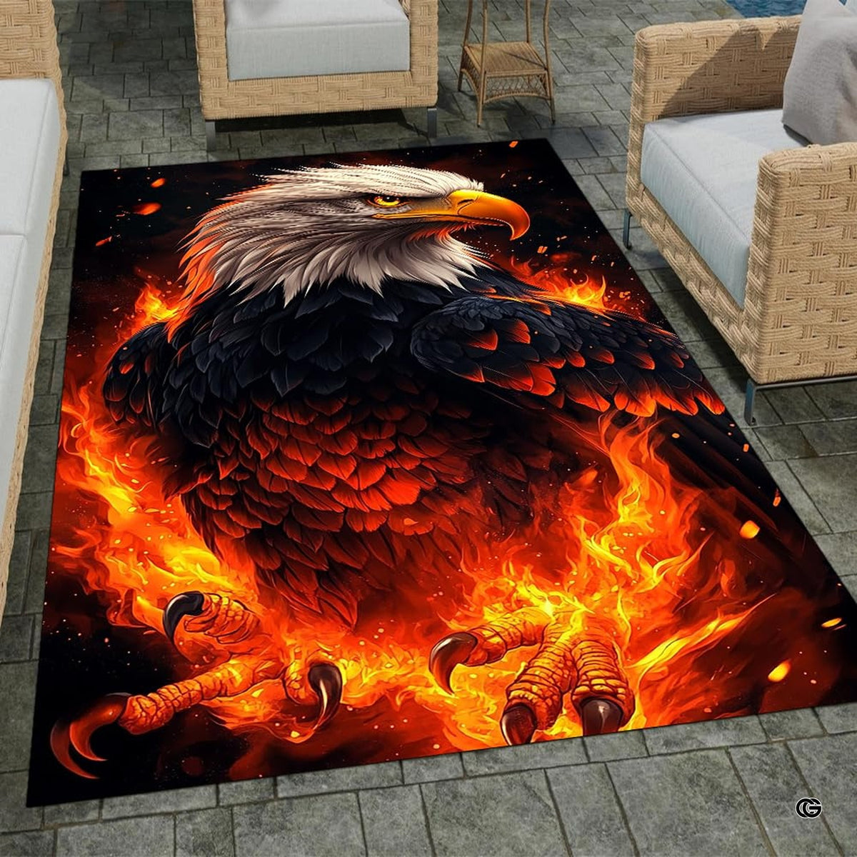 Fiery bald eagle rising from blazing inferno flames rectangular area rug. - image 1 of 7