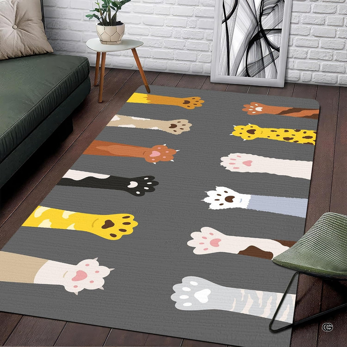 Cats paw area rug featuring cartoon cat legs reaching over a charcoal gray background.