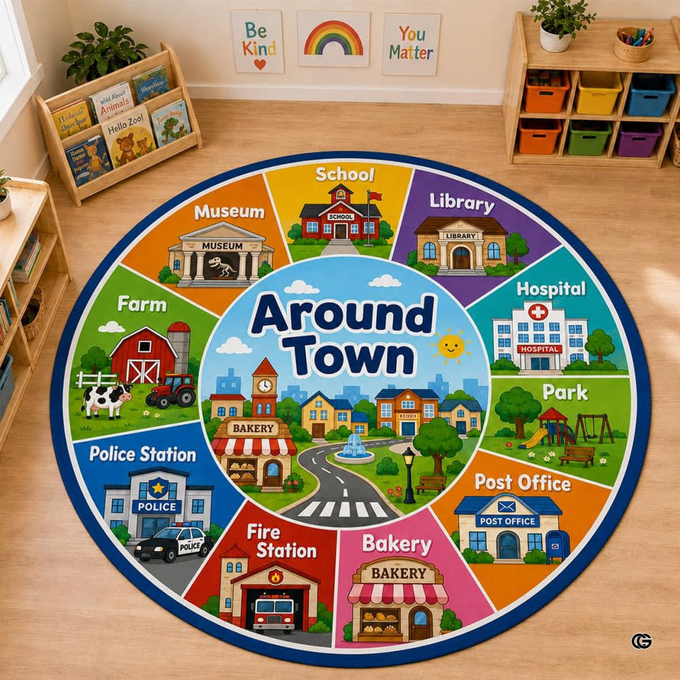 Neighborhood community map wheel kids area rug - primary perspective