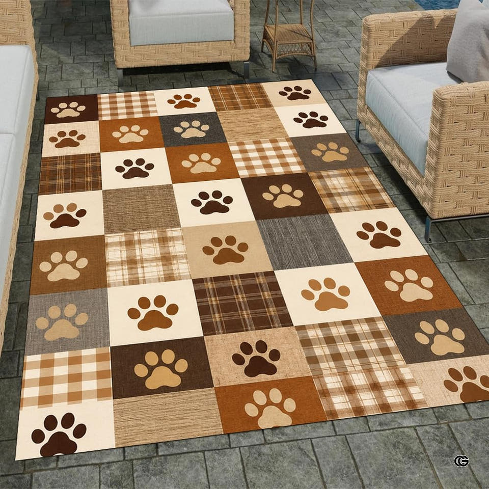 Rustic earth tone paw print plaid patchwork area rug - view 1