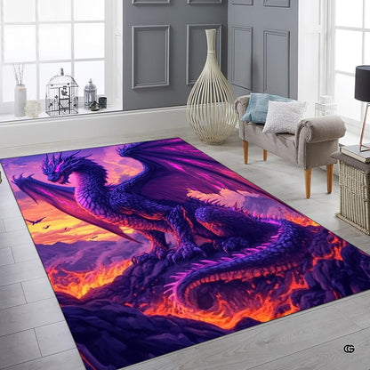 Teen bedroom layout showing the fantasy dragon mountain rug near wooden furnishings - thumbnail image 6 of 8