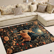 Close-up visual artwork of the majestic stag motif framed by blooming flora on a deep forest floor rug. - thumbnail image 4 of 5