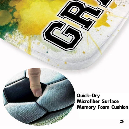 Athletic area rug featuring blue and yellow watercolor splash soccer net design - thumbnail image 3 of 8