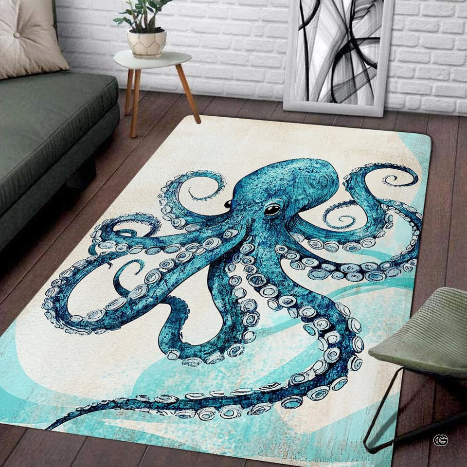 Coastal watercolor blue octopus illustration rectangular area rug.