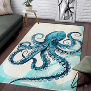 Coastal watercolor blue octopus illustration rectangular area rug. - thumbnail image 1 of 7