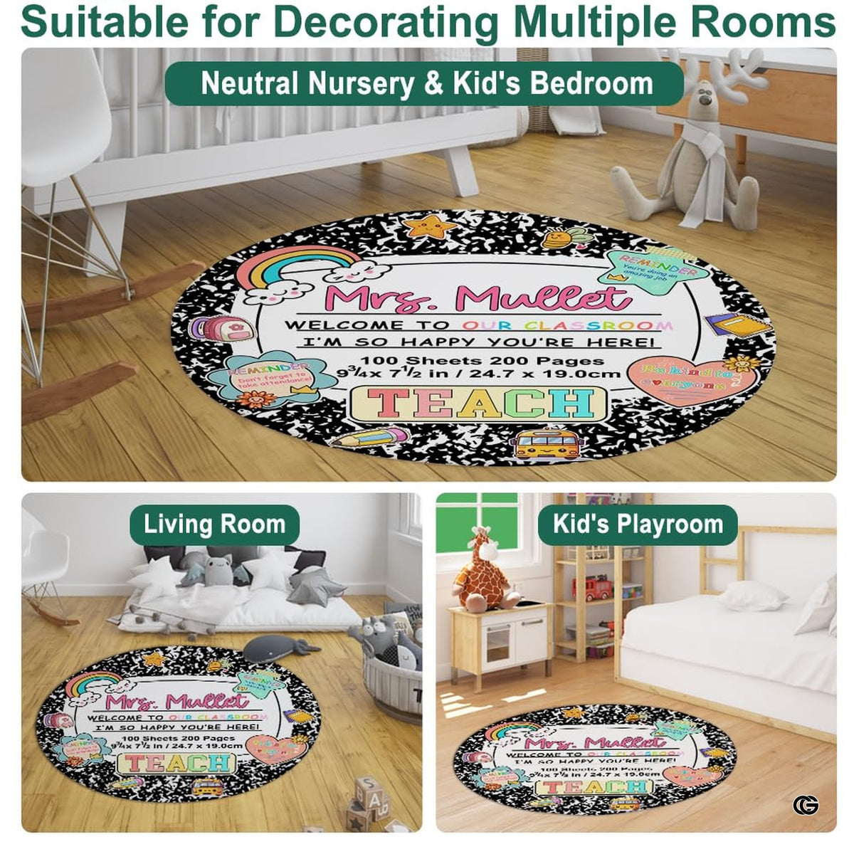 Angle view highlighting lively pastel palette on school notebook themed area rug.