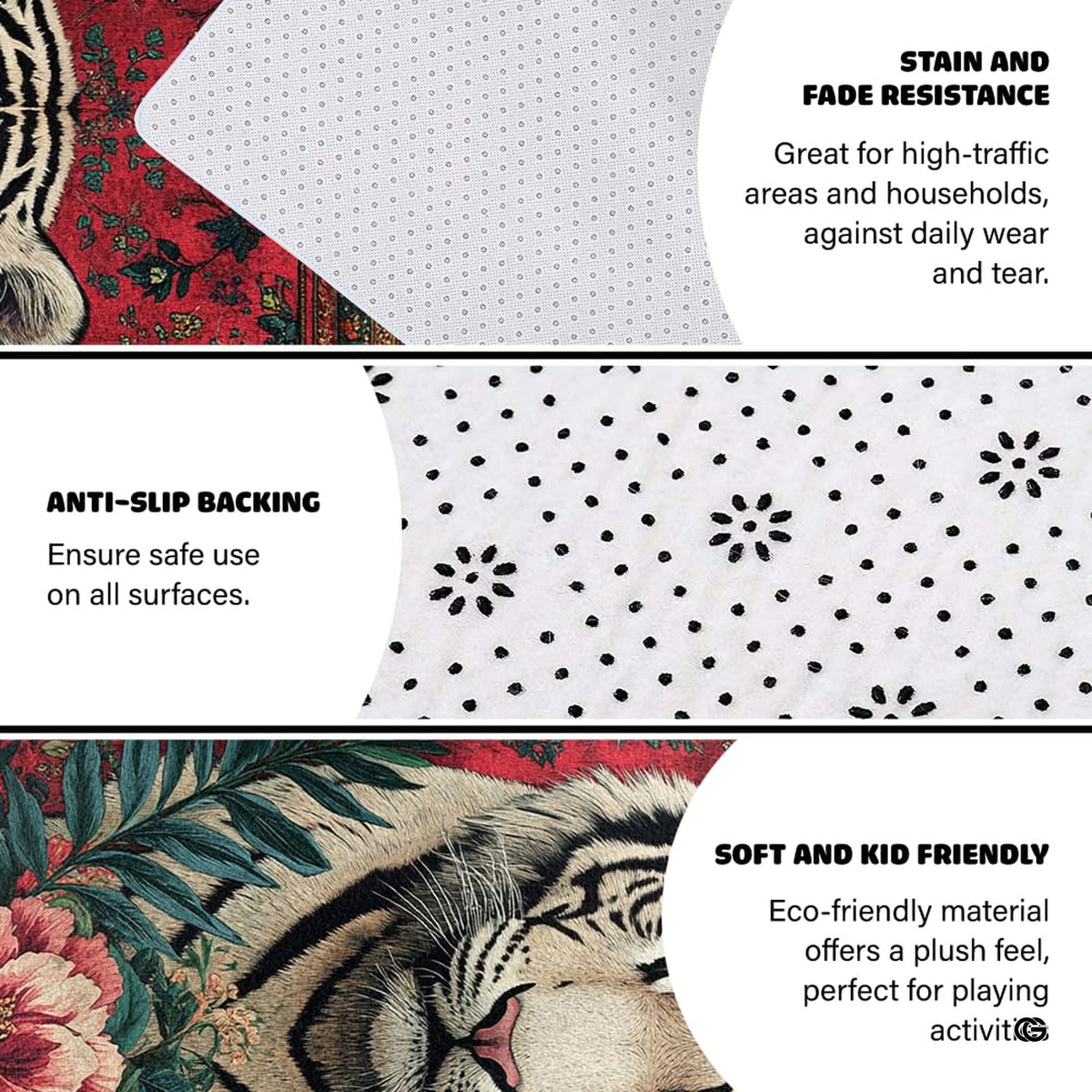 Non-slip grip backing and bound edge stitching on crimson red white tiger rug