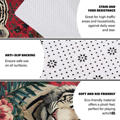 Non-slip grip backing and bound edge stitching on crimson red white tiger rug - thumbnail image 4 of 8