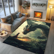 Mystical forest dragon art rug styled beneath low wooden table with atmospheric lighting. - thumbnail image 5 of 7