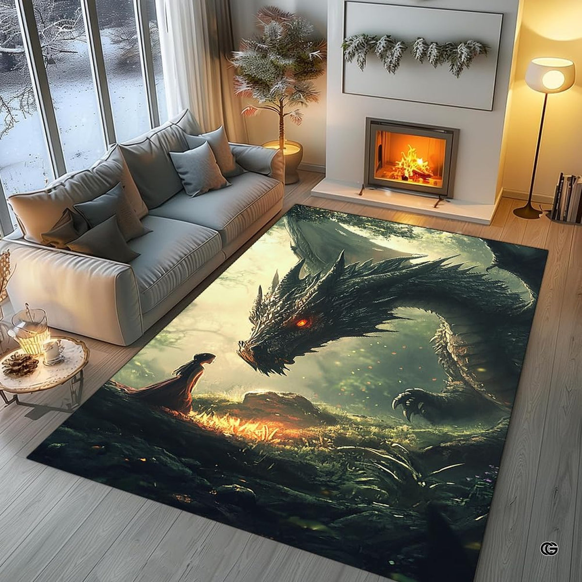 Mystical forest dragon art rug styled beneath low wooden table with atmospheric lighting. - image 5 of 7