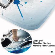 Stylized sports area rug displaying soccer ball motion and blue paint splatter graphics in a bedroom setting. - thumbnail image 3 of 8