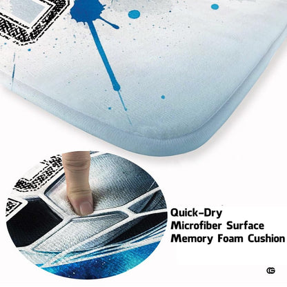 Stylized sports area rug displaying soccer ball motion and blue paint splatter graphics in a bedroom setting. - thumbnail image 3 of 8