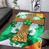 Celtic knotwork cross Irish flag living room area rug with shamrocks and gold knotwork