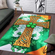 Celtic knotwork cross Irish flag living room area rug with shamrocks and gold knotwork - thumbnail image 1 of 8