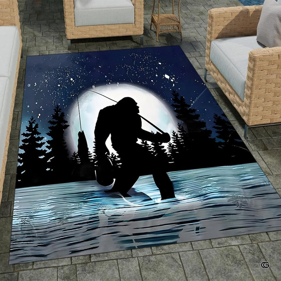 Patio seating view showing the rectangular Bigfoot fishing under full moon area rug on stone tiles.