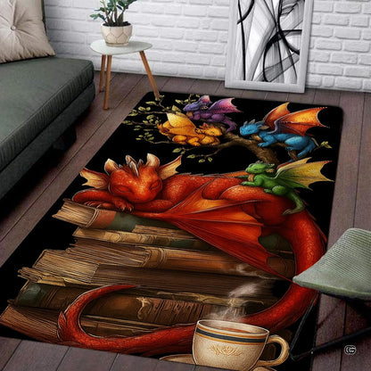 Cozy sleeping red dragon on vintage storybooks with teacup and baby dragons area rug. - thumbnail image 7 of 8