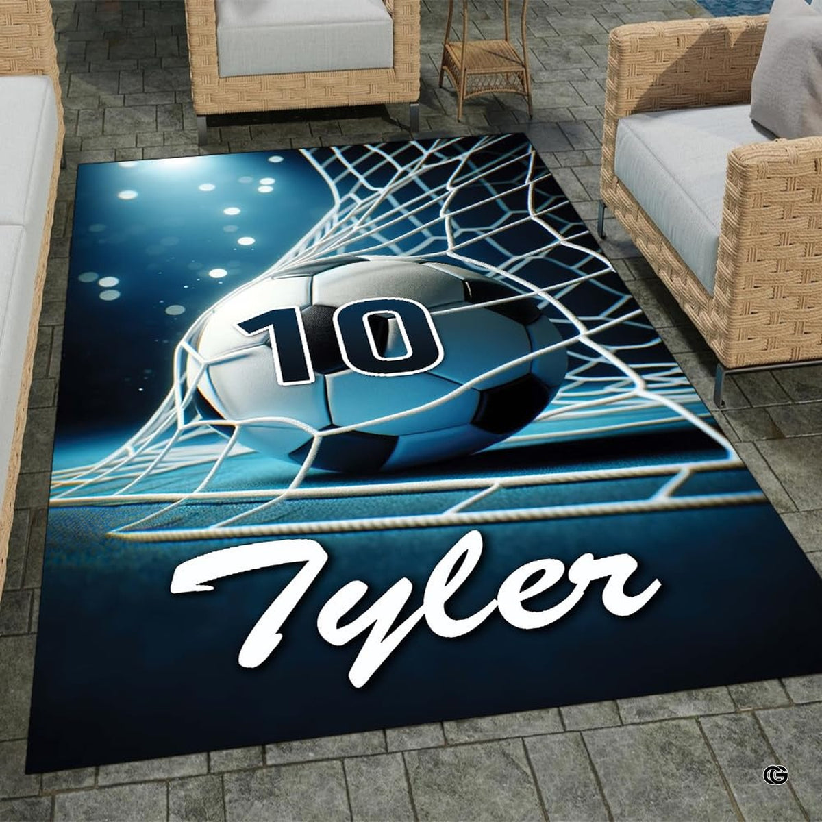 Custom soccer goal net living room area rug with soccer ball striking net under bright stadium lights