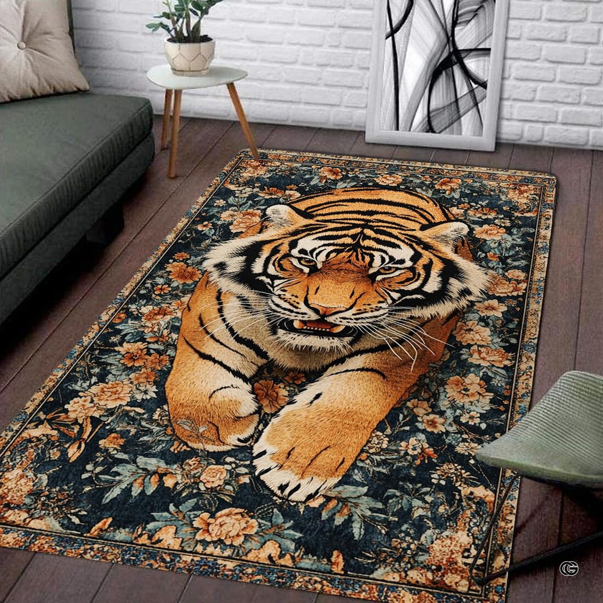 Antique floral tapestry Bengal tiger living room area rug in front of a modern couch