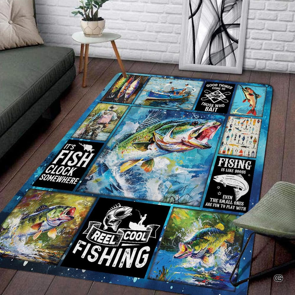 thematic accent patchwork collage floor mat displaying jumping largemouth bass, tackle lures, and angler typography.