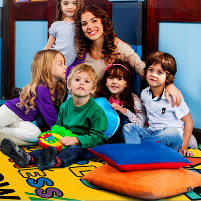 Angled perspective of vibrant crayon box classroom rug highlighting purple and teal shades. - thumbnail image 7 of 7