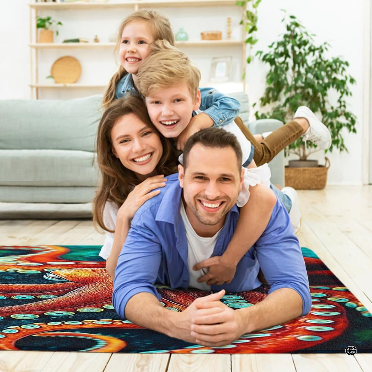 Vivid orange octopus area rug styled in modern patio seating setup - image 5 of 7