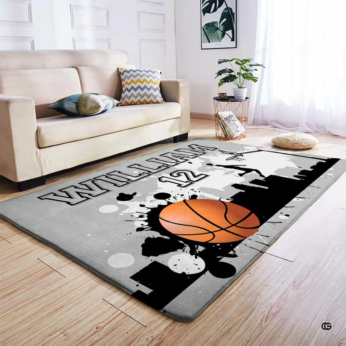 City basketball dunk living room area rug styled in modern living room setup - image 5 of 8