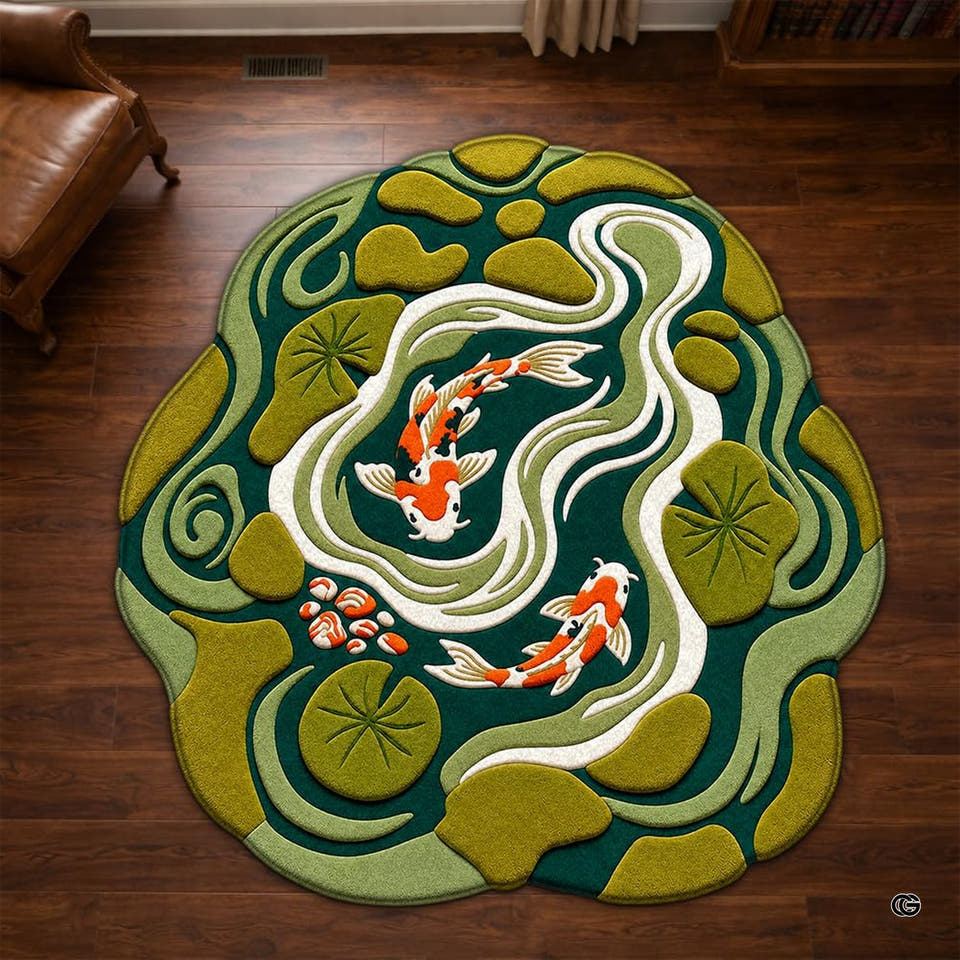 Dual koi fish lotus pond organic shaped area rug - primary perspective