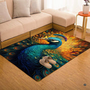 Overhead layout view of the rectangular golden peacock portrait wildlife area rug - thumbnail image 7 of 7