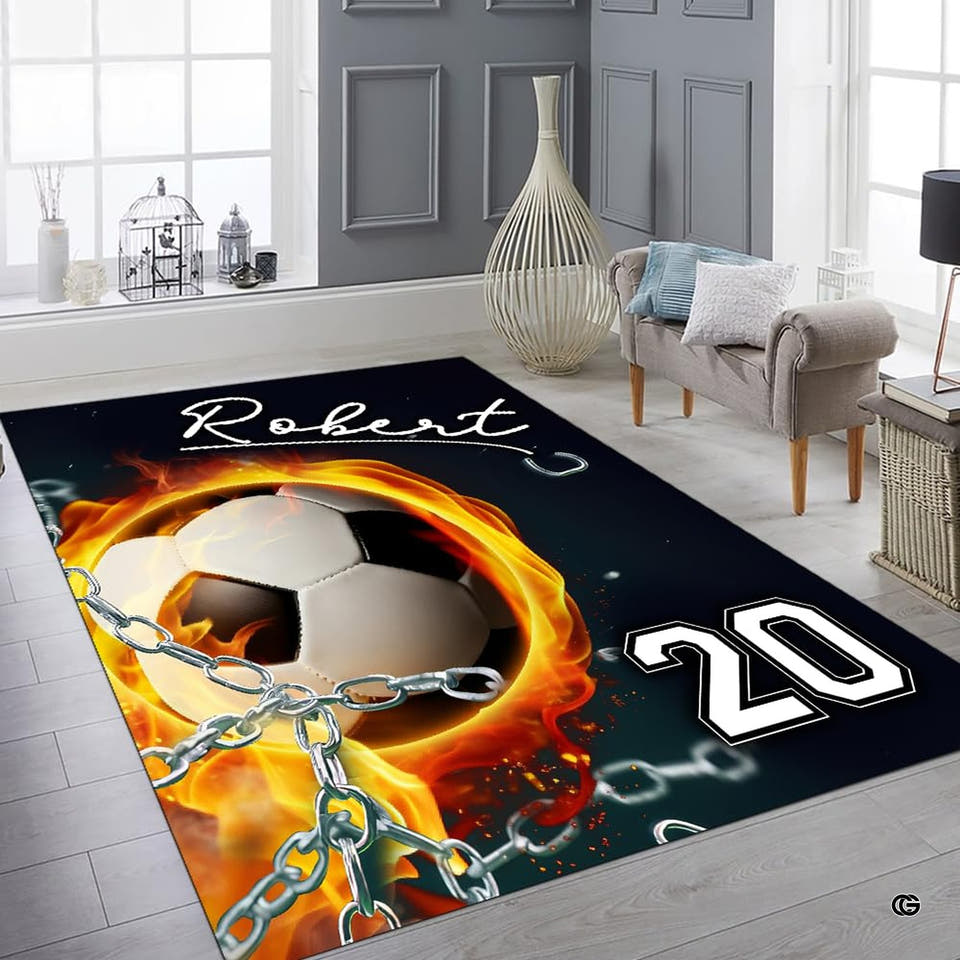 Flaming soccer ball broken chains athletic area rug in primary perspective