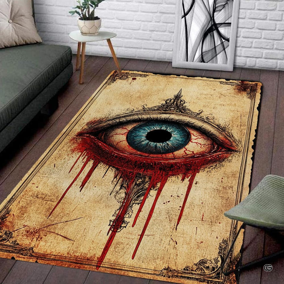 Large gothic area rug with mystical weeping eye artwork and ornate sepia filigree border in living room.