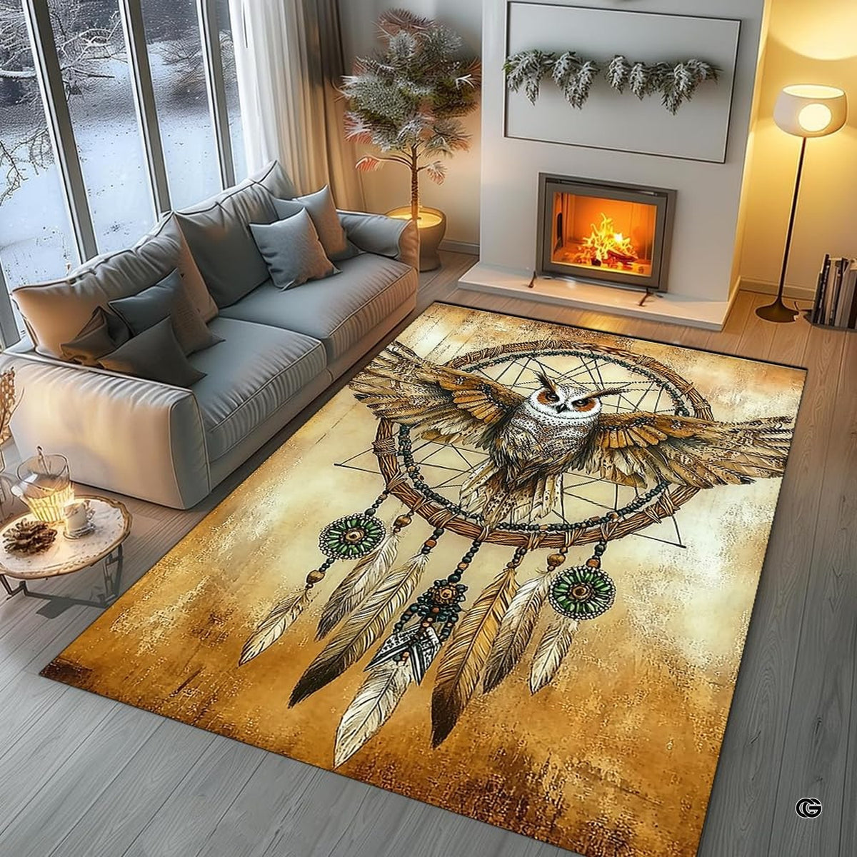 Boho dream catcher area rug anchoring a reading nook with potted plants and neutral decor. - image 7 of 8